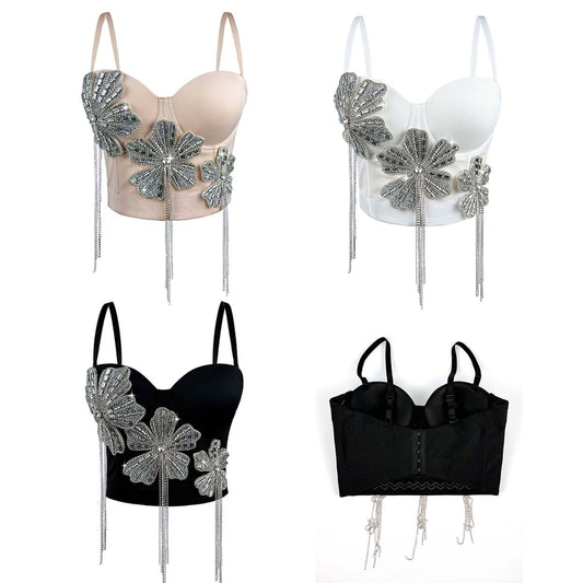 Crystal Bloom Bustier Top Blk/White/Beige