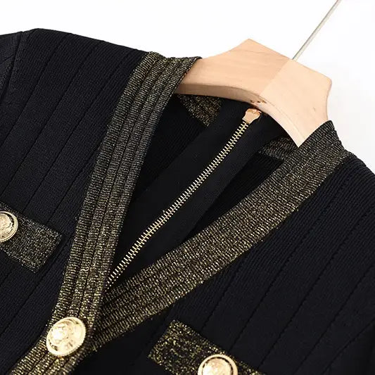 Black & Gold Button-Detail Knit Dress