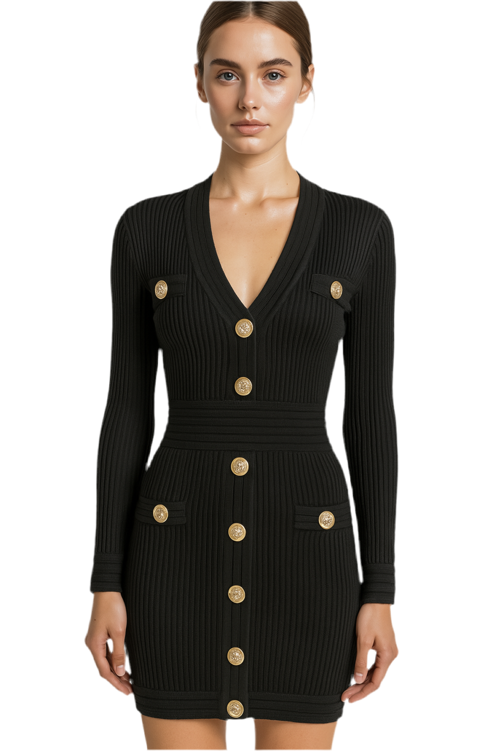 Ribbed Knit Gold Button Bodycon Dress