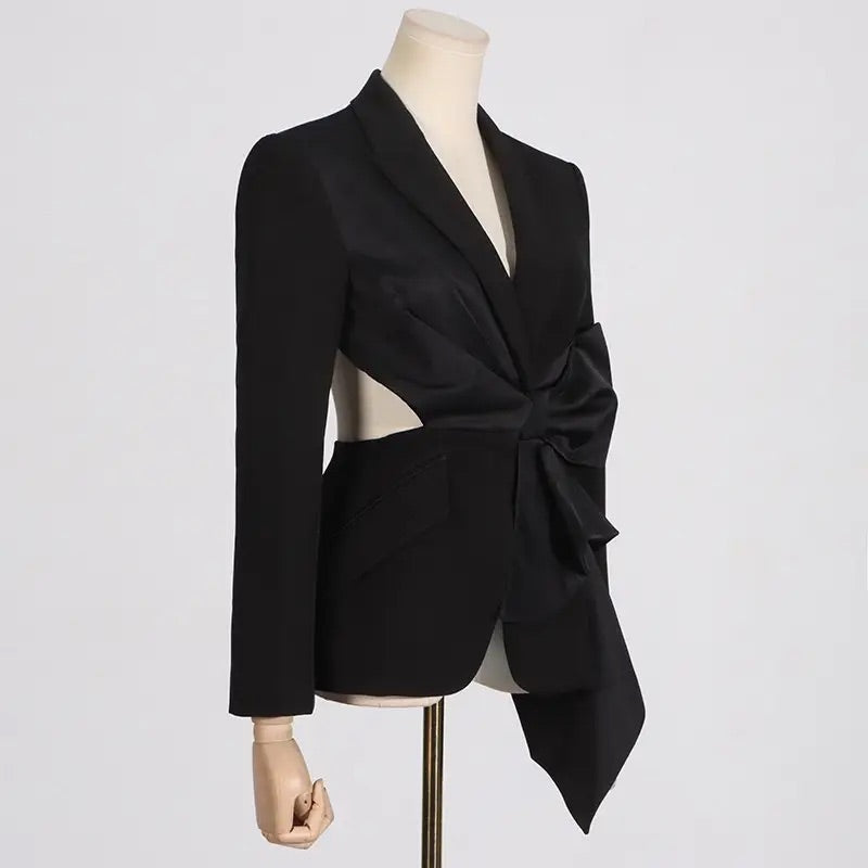(Pre-Order) Sold-Out. Satin Bow Blazer Mini Dress-Noir Elegance