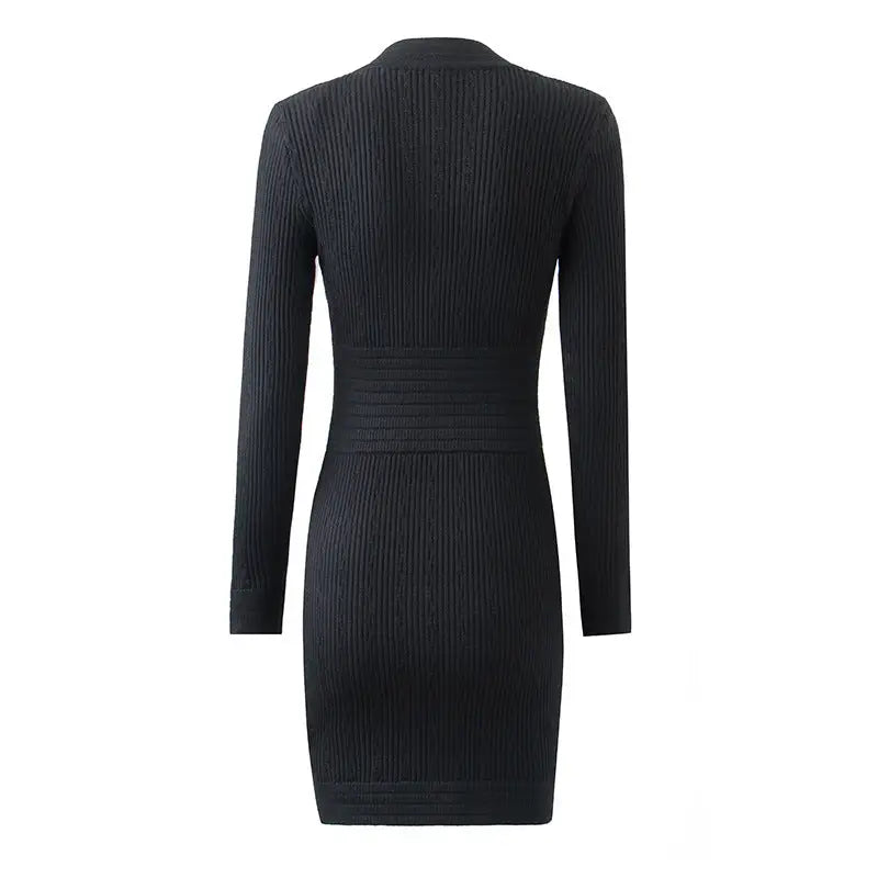 Ribbed Knit Gold Button Bodycon Dress