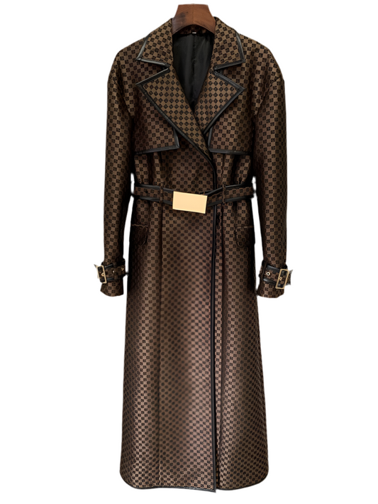 Luxury Brown & Black Checkered Longline Trench Coat