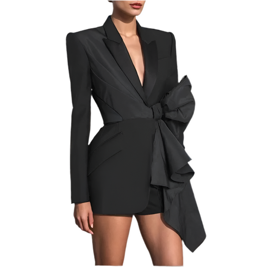 (Pre-Order) Sold-Out. Satin Bow Blazer Mini Dress-Noir Elegance