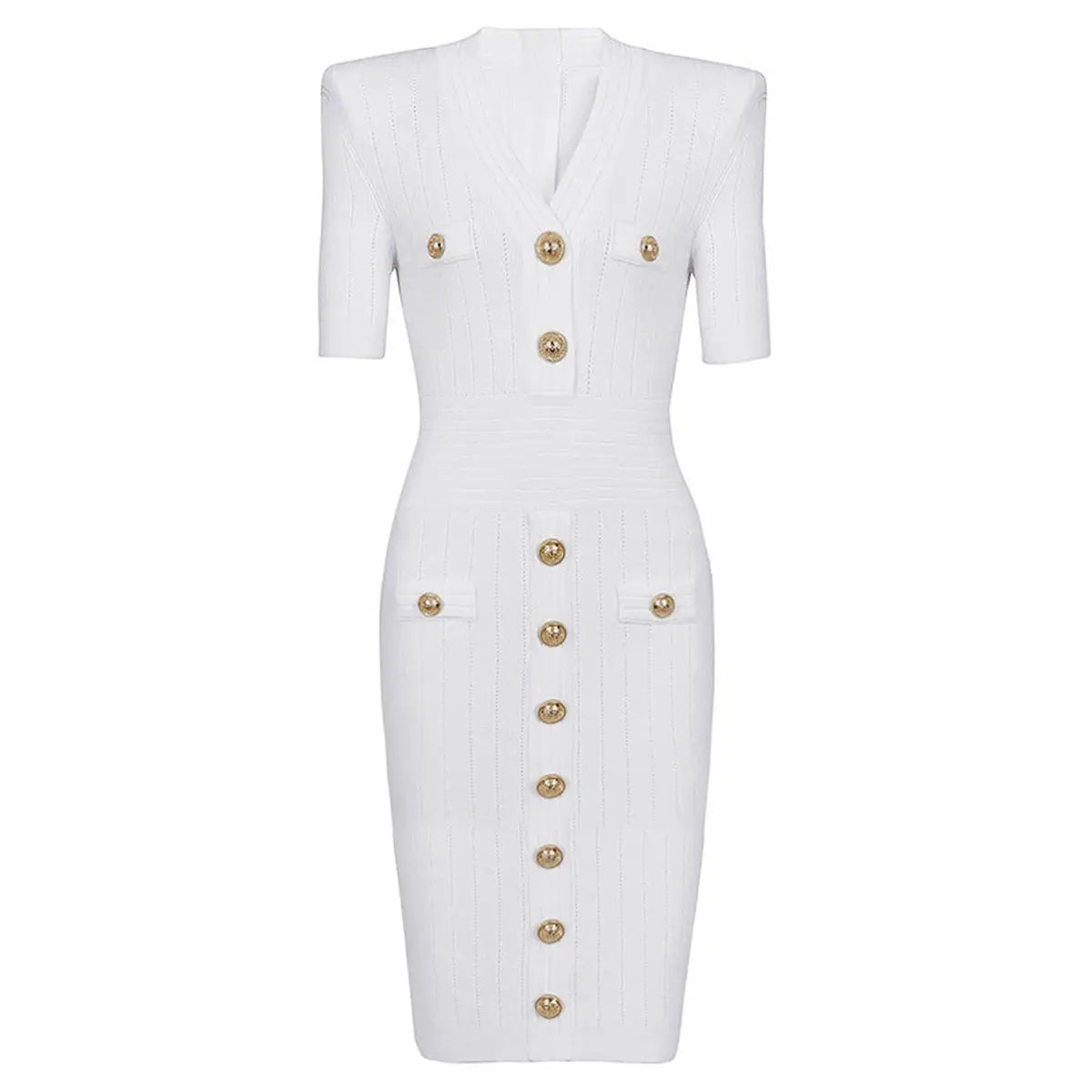 Elegant White Bandage Button Dress
