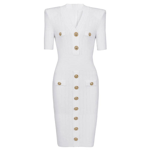 Elegant White Bandage Button Dress