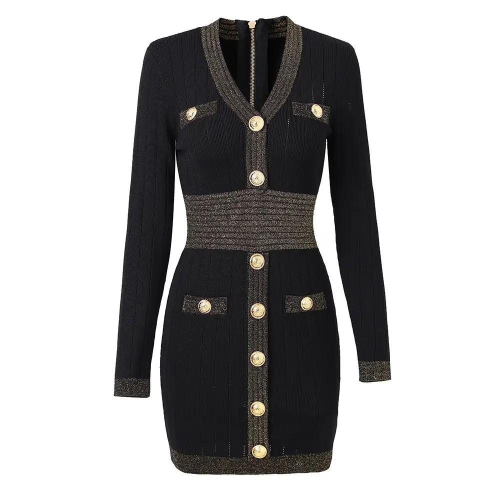 Black & Gold Button-Detail Knit Dress