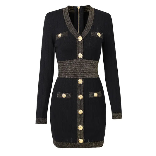 Black & Gold Button-Detail Knit Dress
