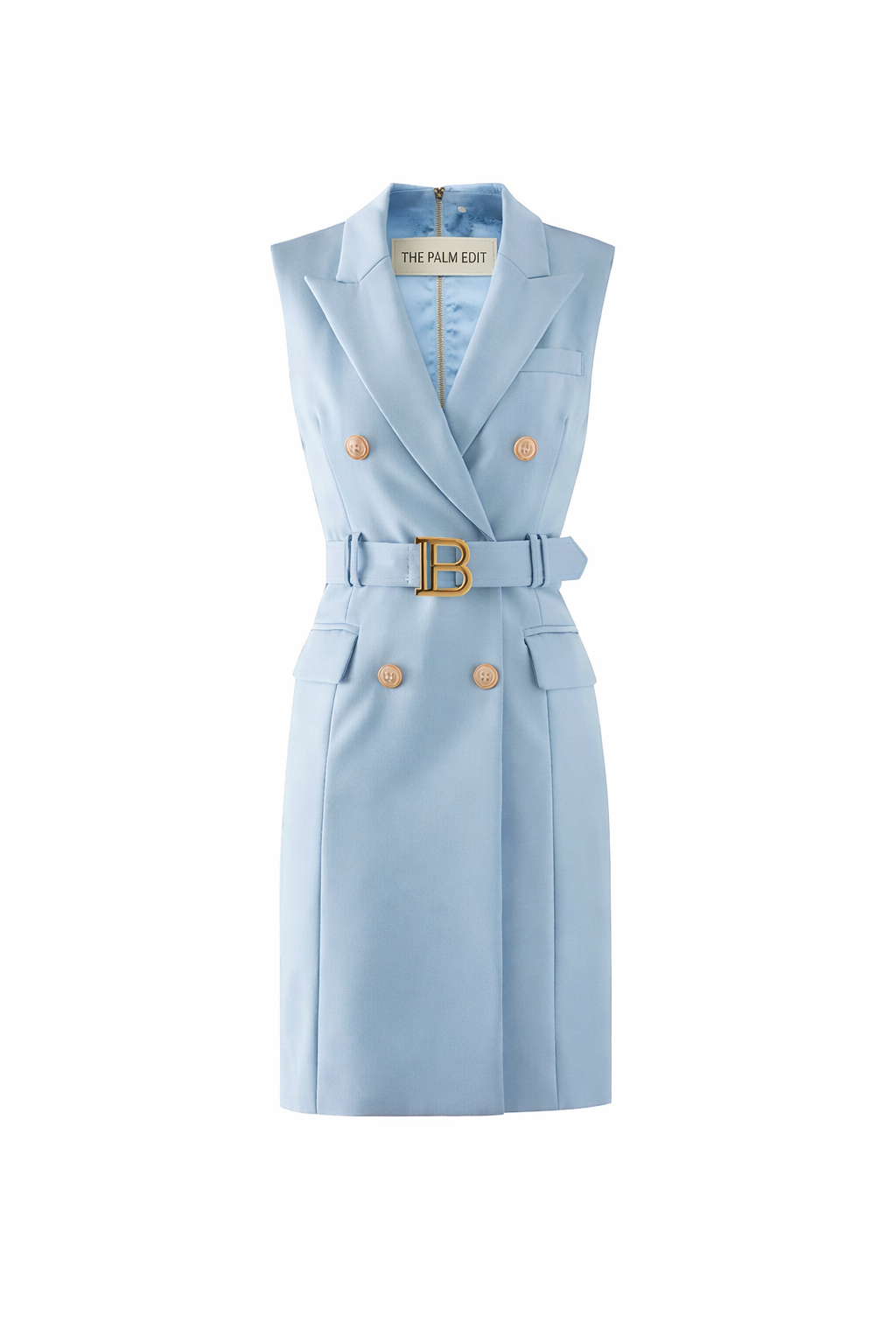 The Palm Edit-Sky Blue Tailored Belted Vest Dress