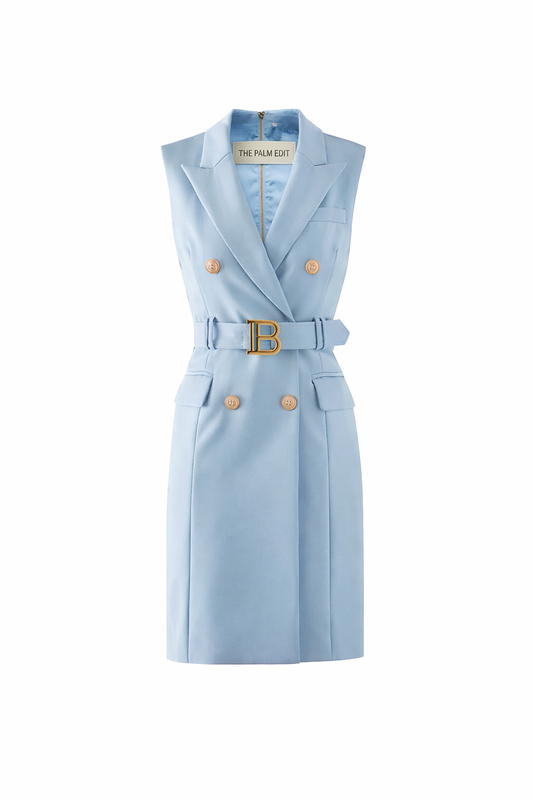 The Palm Edit-Sky Blue Tailored Belted Vest Dress