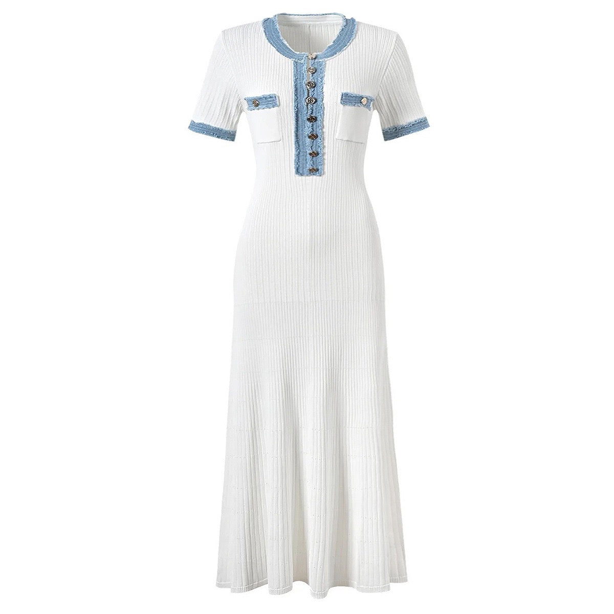 Chic Contrast-Trim Knit Midi Dress
