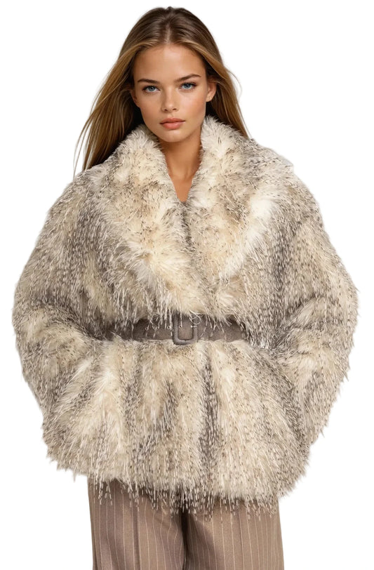 Apres’ Lungo Owl inspired Oversized Faux Fur Coat with Owl color belt.