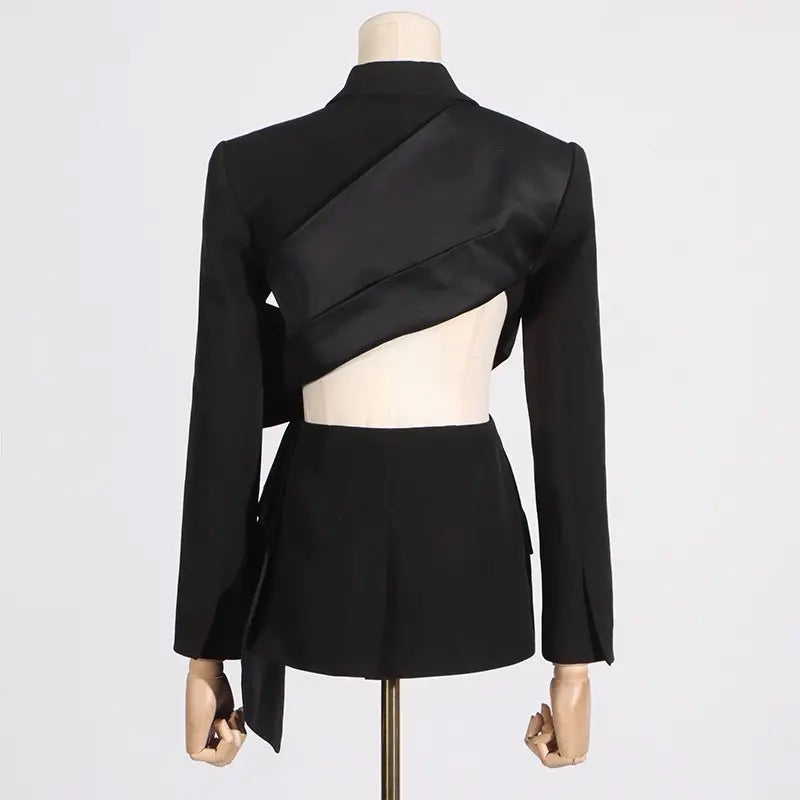 (Pre-Order) Sold-Out. Satin Bow Blazer Mini Dress-Noir Elegance