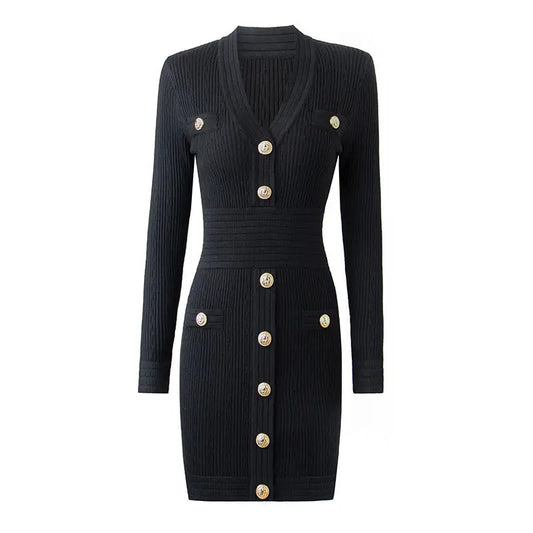 Ribbed Knit Gold Button Bodycon Dress