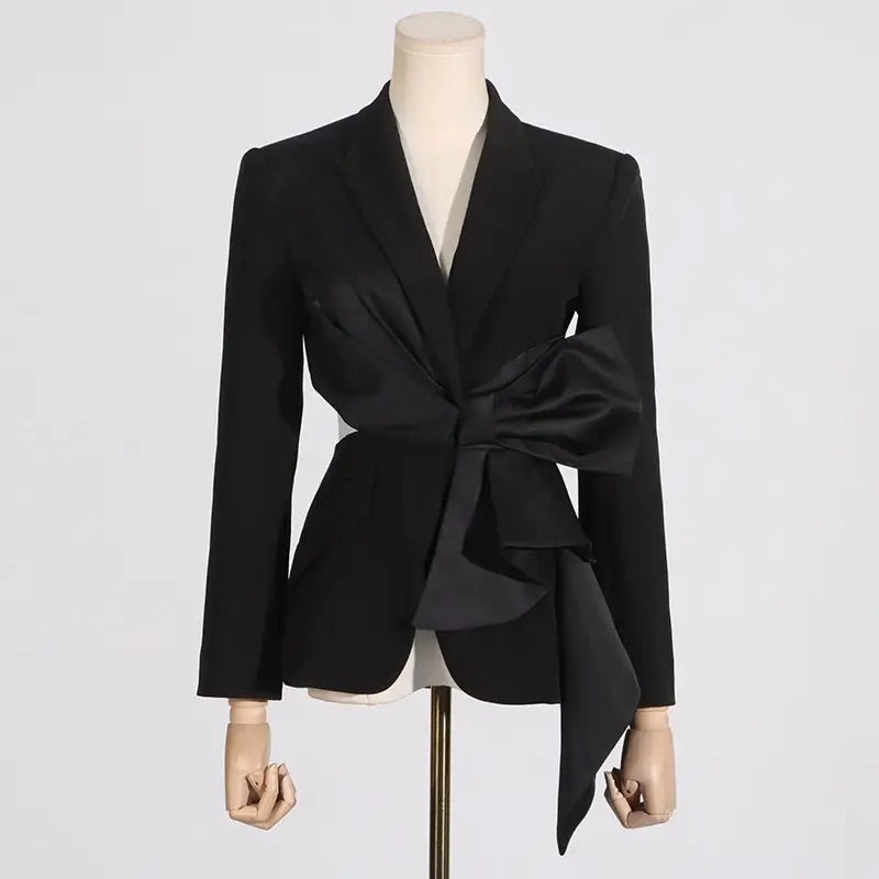 (Pre-Order) Sold-Out. Satin Bow Blazer Mini Dress-Noir Elegance